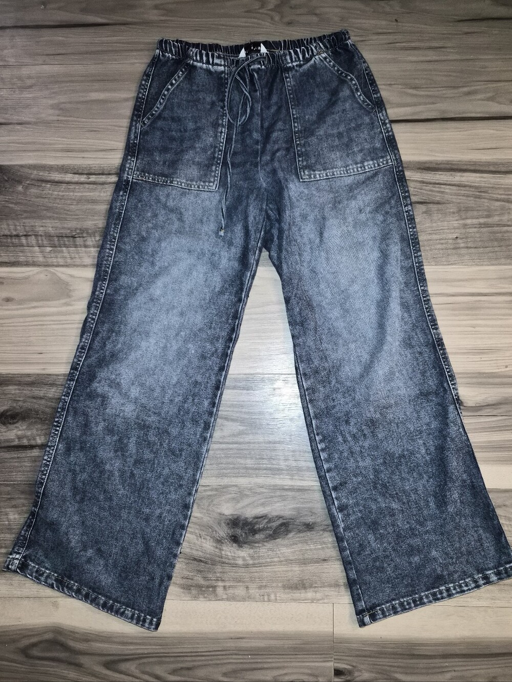 Wide Leg Drawstring Denim Jeans - Black Wash